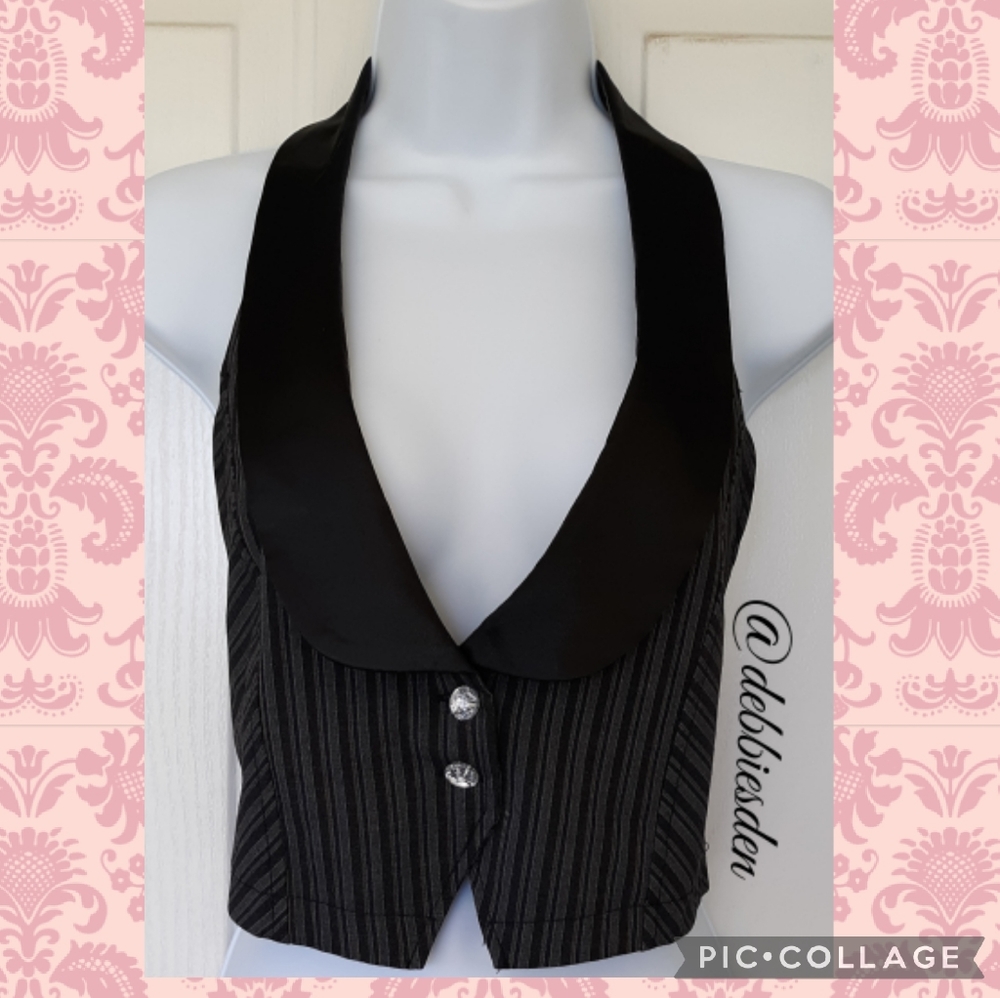 Black & Gray Pinstripe Halter Vest Button Front, Tie Back   Size Large
